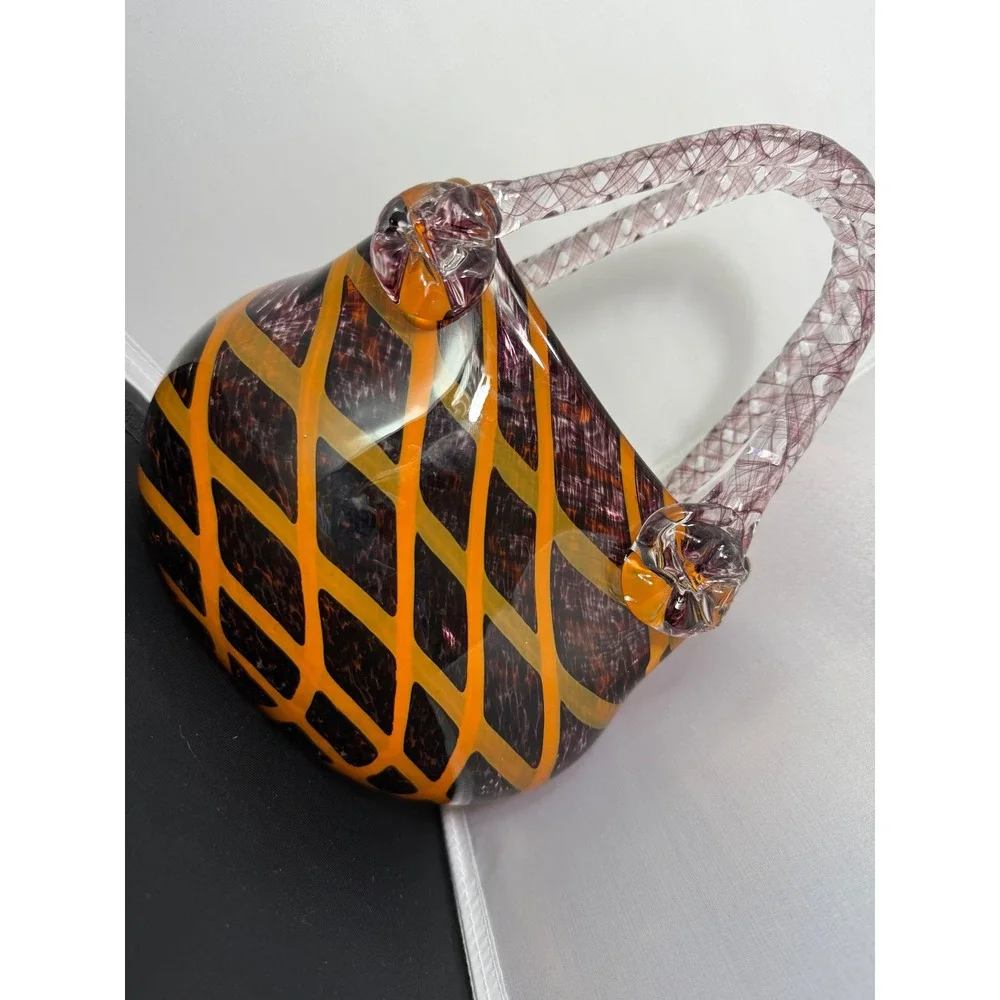 Fifth‎ Avenue Crystal Glass vase Purse Orange Black Swirl Twisted Handles